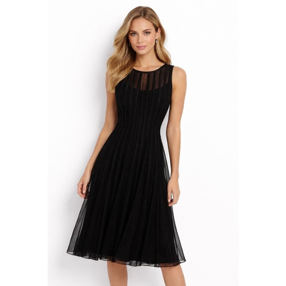 Xscape‎ by Joanna Chen Black Mesh Striped Sleeveless Cocktail Dress Size 8